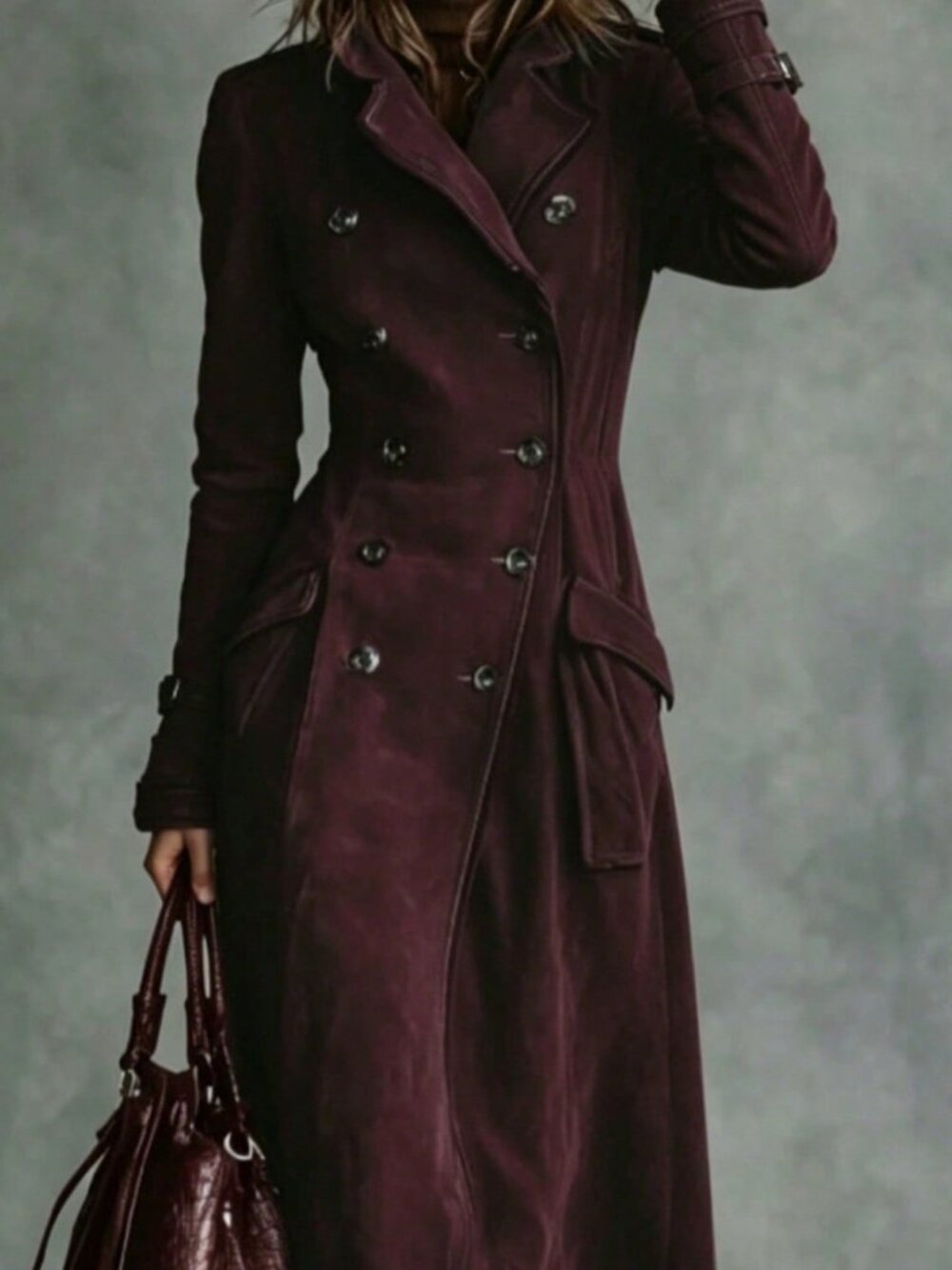 Maroon Elegant Women's Double-Breasted Hooded Long Coat - Picture 3 of 3